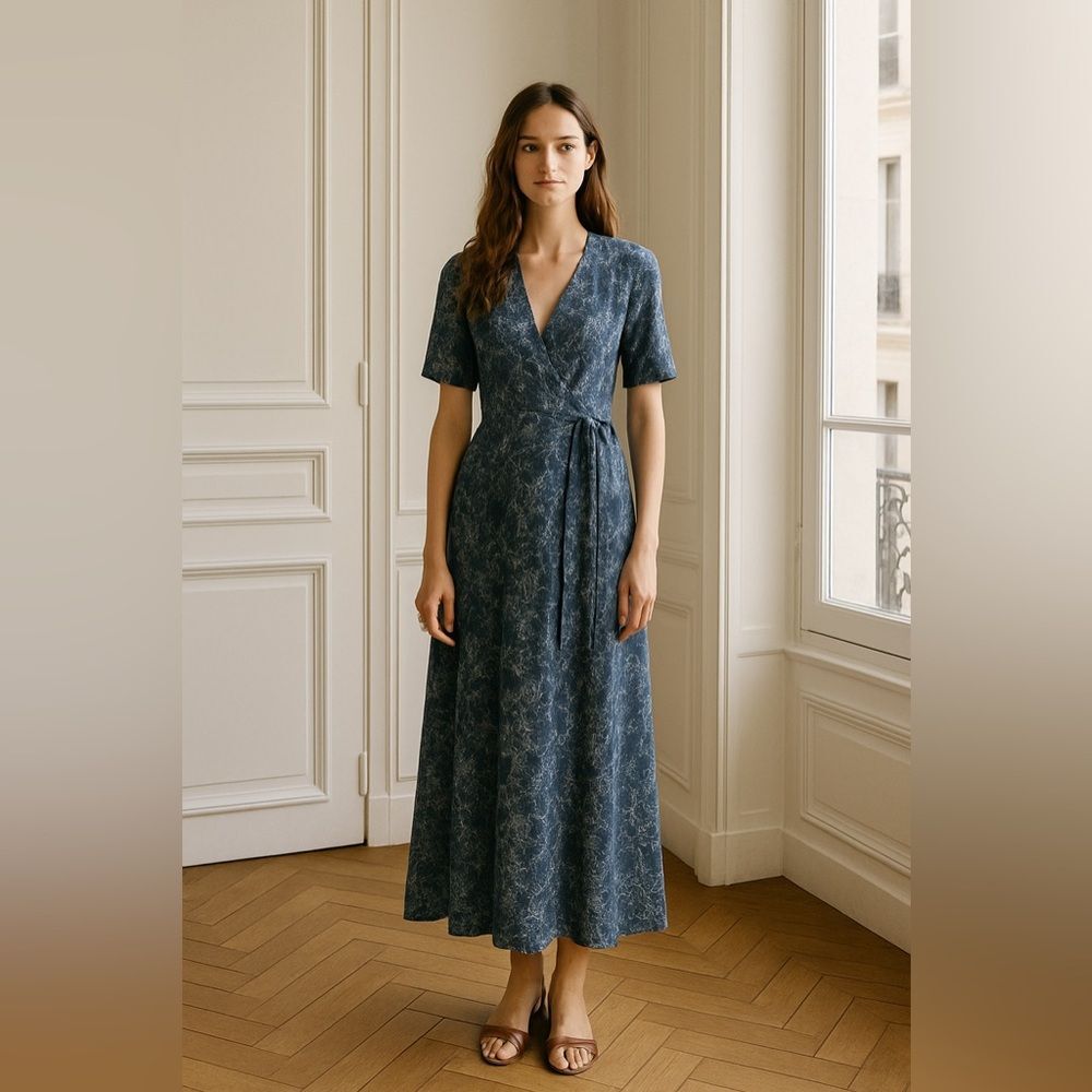 La Robe  100% Sueded Silk Charmouse Floral Wrap Midi Dress 2 NWOT